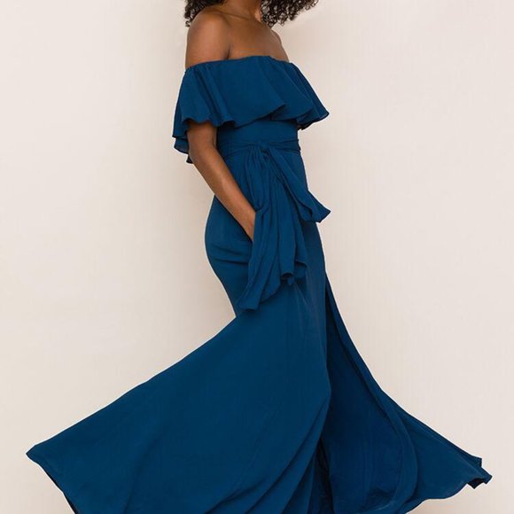 Yumi Kim Blue Carmen Ruffle Off the Shoulder Sash Tie Flowly Dress XS NWT 278.00 - Picture 4 of 8